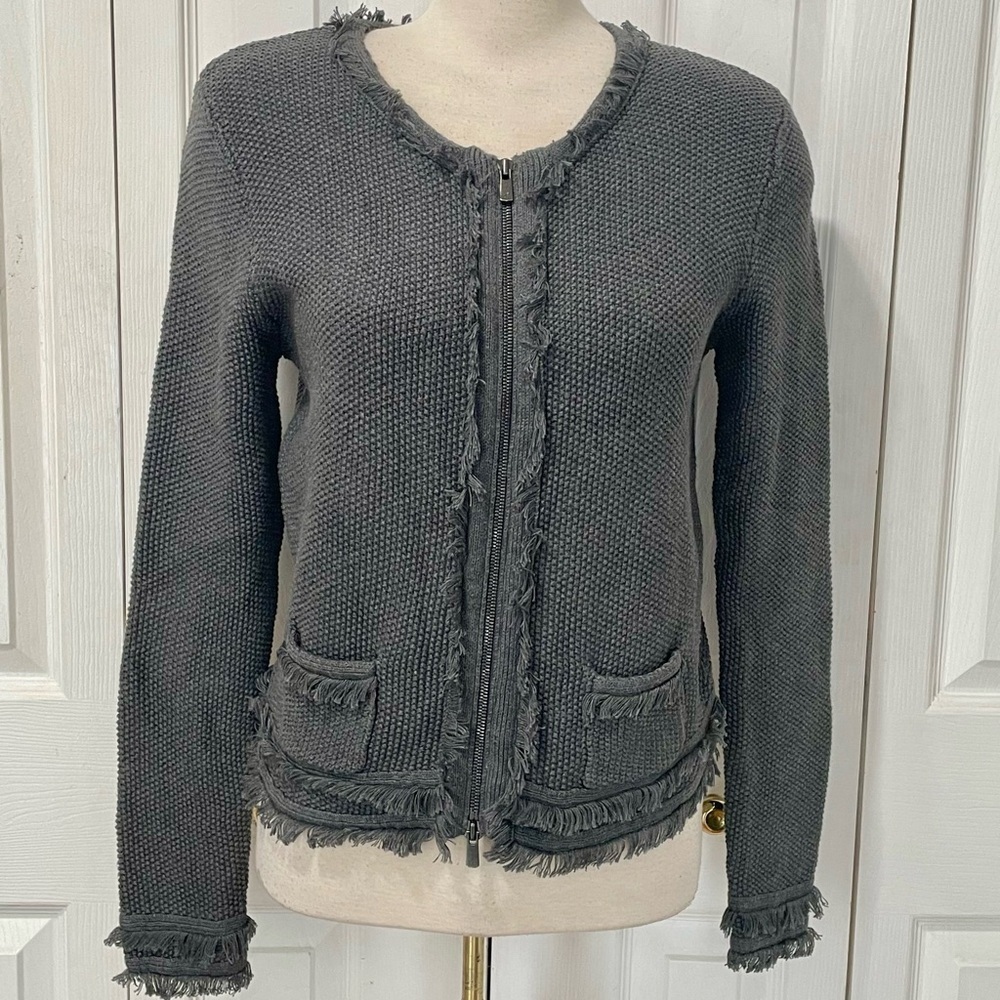 Cotton by Autumn Cashmere Zip Up Fringed Gray Women's Sweater